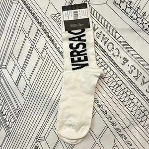 White - black writing unisex Versace socks dressed up or very casual look